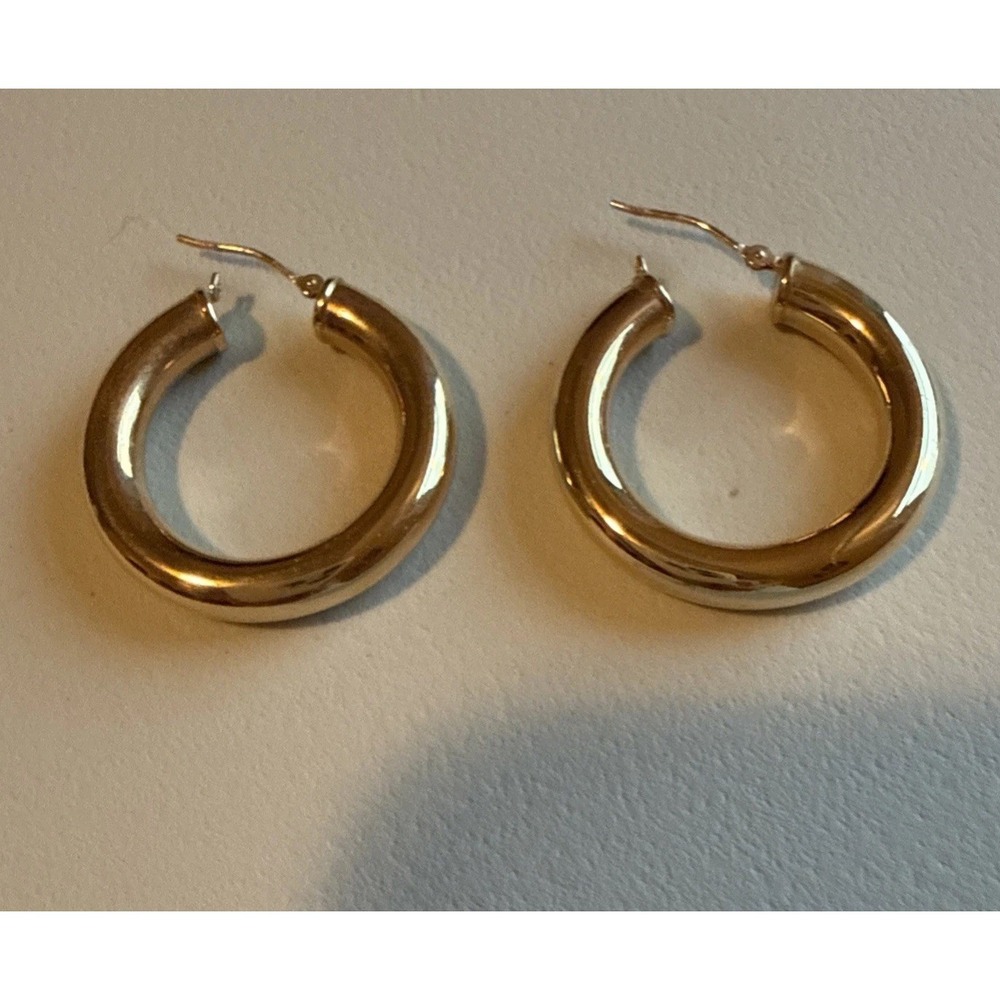 14k Polished Round Hoop Earrings 1 Inch Diameter 3 Grams Classic Old Money - Picture 5 of 10